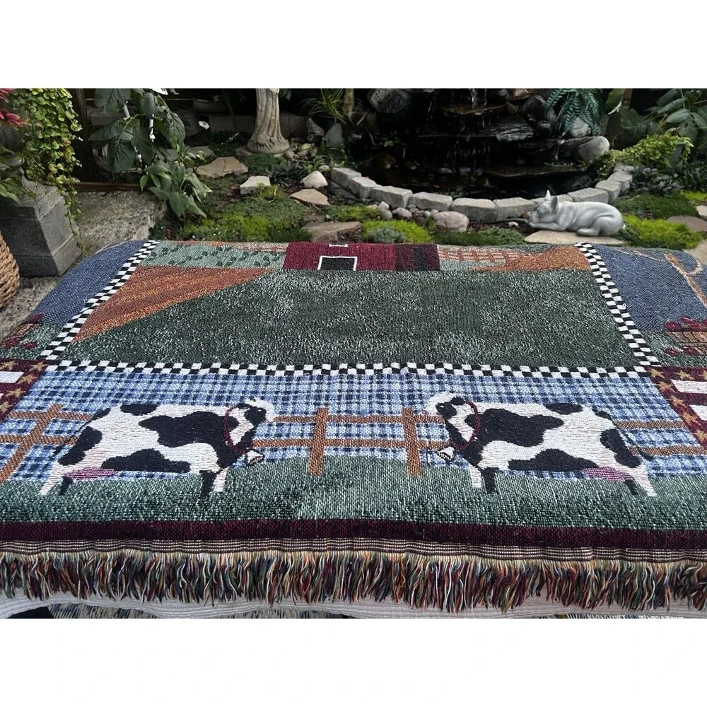 Farmhouse Woven Throw Blanket Red Barn Cows Rooster Americana Fringe 56x48